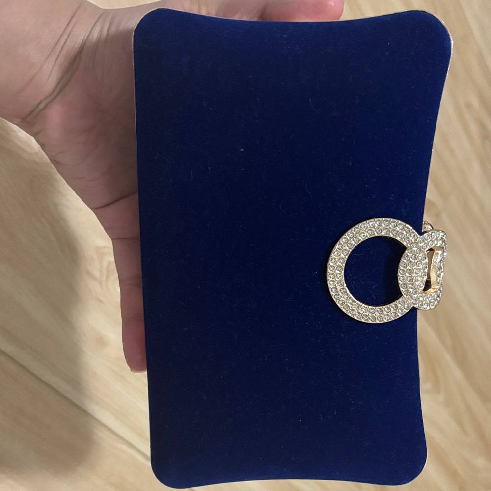 SHEIN Blue Velvet Clutch with Gold Accent